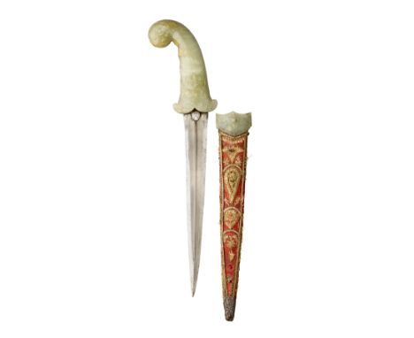 with straight double-edged blade of watered steel and formed with a slender medial ridge, jade hilt comprising a pair of scro