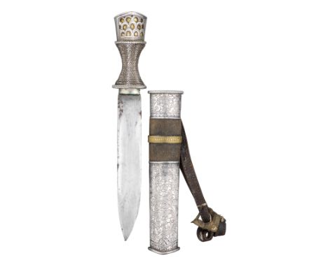 with broad single-edged blade, silver hilt including pommel pierced with an openwork design backed by a gilt panel on the fro