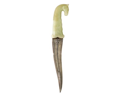 with earlier slightly recurved blade formed with two tapering fullers divided by a chiselled panel terminating in a flowerhea