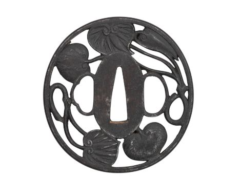 the first iron sukashi tsuba; the second of mokko-gata form with hammered surface; the third of large mokko-gata form with ha