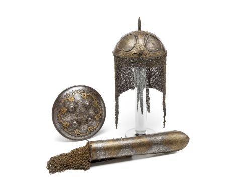 the first with hemi-spherical skull, pierced with four heart-shaped panels each fitted with an iron plate within a moulded fr