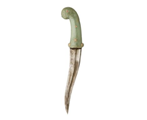 with recurved blade formed with a medial ridge and reinforced tip, mottled green jade hilt carved with a pair of short scroll