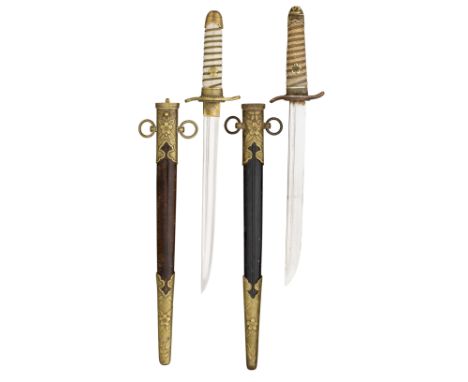 the first model 1883, of regulation type, with grooved blade, brass hilt, wire-bound grip, in its scabbard;the second similar