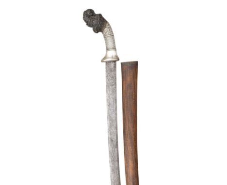 with slightly curved single-edged pattern-welded blade, silver hilt chased with traditional foliage and trellis, and finely c