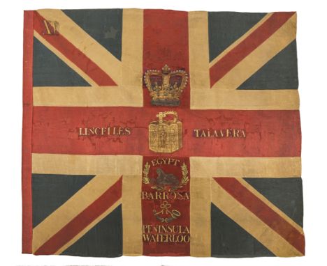 an 1814 Issue silk colour of No.15 Company, Coldstream Guards. A Union flag, 68 in. x 78 in., with painted decoration. The ce