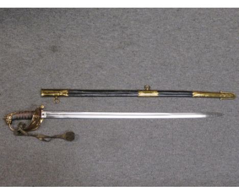 of regulation type, with plain blade, brass hilt with folding side-guard, wire-bound grip, in its brass-mounted leather scabb