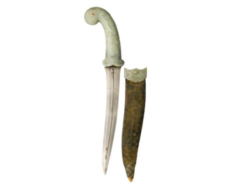 with recurved double-edged blade formed with a slender medial ridge, jade hilt comprising a pair of short scrolling quillons,