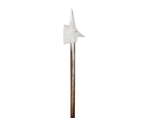with reinforced terminal spike, long slightly curved axe-blade, triangular rear fluke stamped with a double lily mark on one 