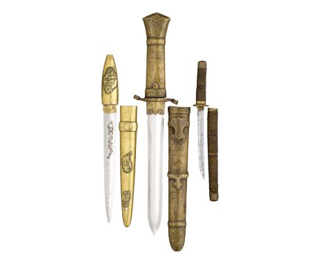 the first with slightly tapering double-edged blade of flattened diamond section, nakago mumei, brass hilt and scabbard engra