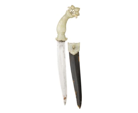 with slightly curved double-edged blade, carved jade hilt comprising a pair of scrolling quillons, integral waisted grip risi