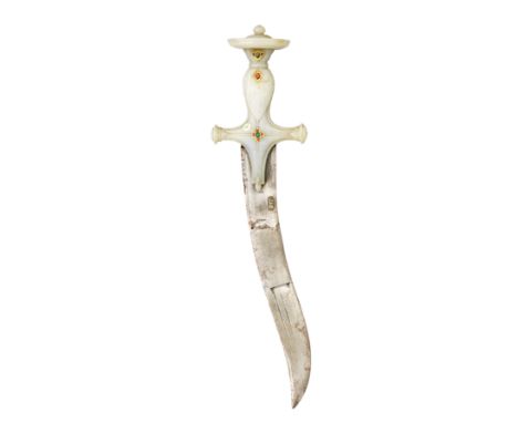 cut-down from a talwar sword, with slightly recurved blade double-edged towards the tip, mutton fat jade hilt comprising a pa