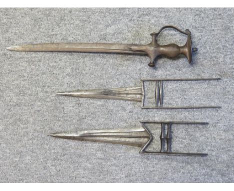 the first with sharply tapering fullered blade formed with a reinforced tip, a pair of side bars widening towards the termina