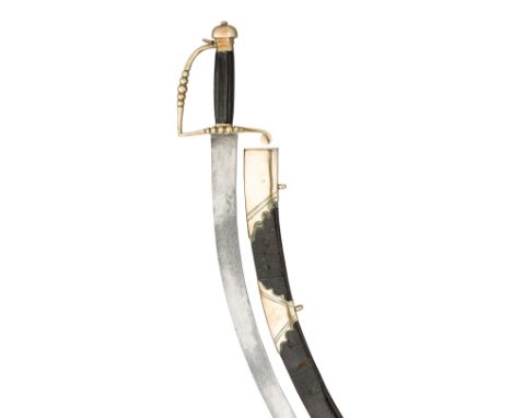 with curved single-edged blade, brass hilt with five-ball outer ring-guard and knuckle-guard, scrolling quillon, cushion-shap