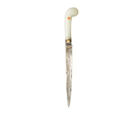 with single-edged blade of watered steel, carved jade grip decorated on each face with conventional foliage and rising to a l