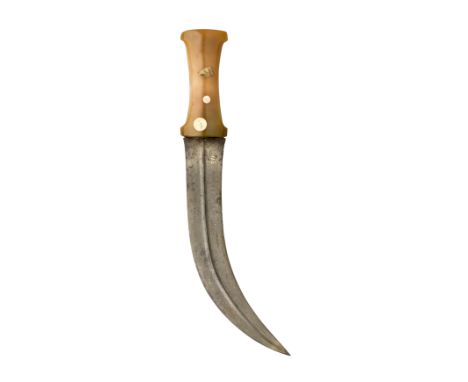 with curved double-edged blade of watered steel, formed with a medial ridge, and brown jade hilt carved with a moulded slight