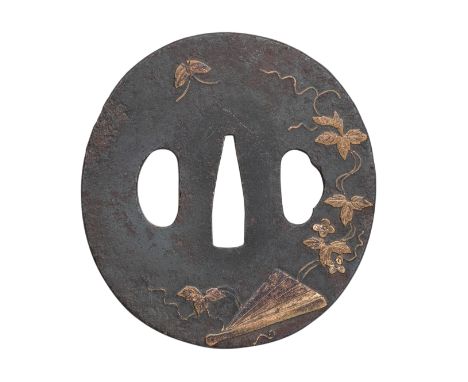 the first of mokko-gata form inlaid with foliage and sakura in gilt on both sides; the second of round form with traces of go