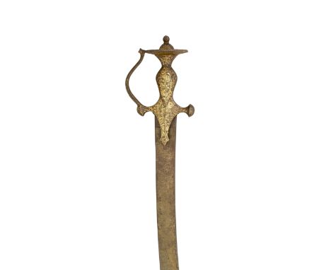 with curved single-edged watered steel blade (the tip with one small chip, areas of surface rust), iron hilt of characteristi