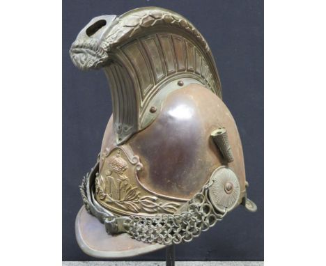 with iron skull, brass mounts including crest, helmet-plate and associated chin-scales (plumes, crest and lining missing, sur