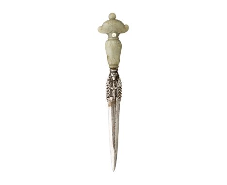 with straight double-edged blade  from a spear, chiselled with foliage at the forte, green jade hilt carved with foliage, inc