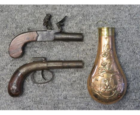 , CIRCA 1820; A U.S. PERCUSSION PISTOL, NO. 867, CIRCA 1840 AND A POWDER-FLASK the first with turn-off barrel, engraved box-l