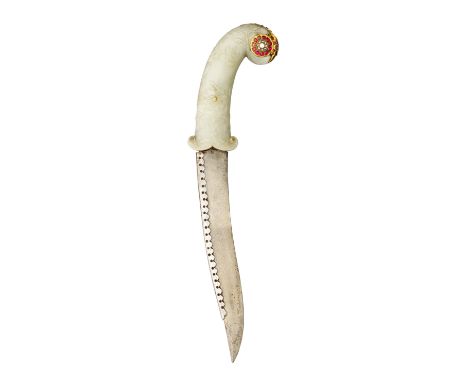 with slightly recurved blade of watered steel, the back-edged enclosed over most its length with a cusped reinforcing strip, 