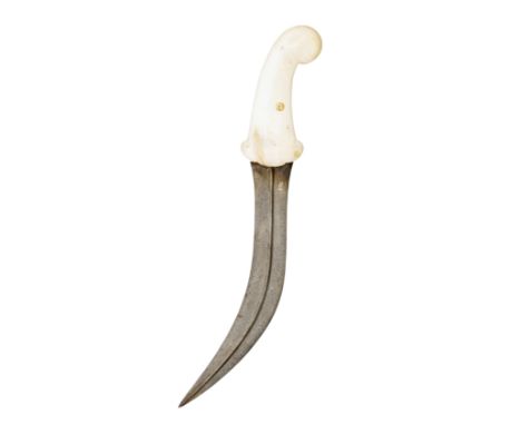 with earlier curved double-edged blade of watered steel formed with a slender medial ridge on each face, mutton fat jade hilt