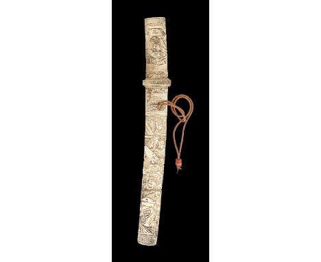 the first with curved single-edged blade, carved bone grip, tsuba and saya each decorated with figures in contemporary dress;