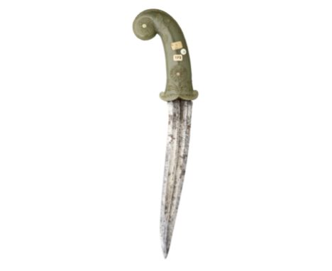 with recurved blade formed with a medial ridge, green jade hilt carved with a pair of short scrolling quillons, decorated in 