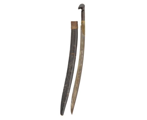 with curved single-edged blade with traces of calligraphic panels, embossed brass hilt extending over the forte, decorated wi