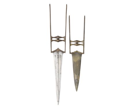 the first with tapering blade of watered steel formed with a reinforced tip (small areas of light pitting), iron hilt includi