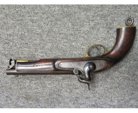 with browned barrel fitted with stirrup ramrod, lock stamped with 'EIC', a broad arrow, crown, 'Birmingham', the date and '14