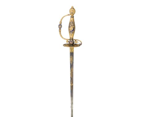 with slender tapering German blade of hollow-triangular section (tip shortened), etched and gilt with scrolling foliage, a tr