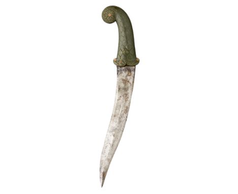 with recurved double-edged blade formed with a reinforced tip, jade hilt carved over the majority of its surface with a lozen