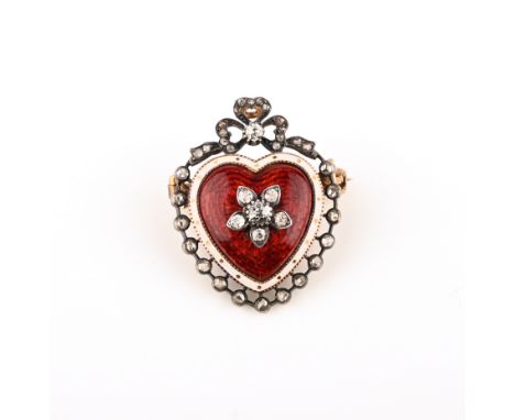 A late 19th century enamel and diamond heart brooch, the red enamel heart applied with a diamond-set flower within white enam