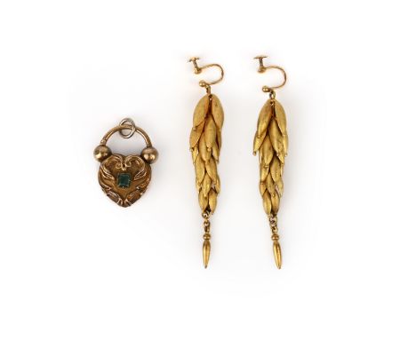 A pair of gilt metal earrings and an emerald mourning pendant, 19th century, the earrings of articulated wheat sheaf design, 
