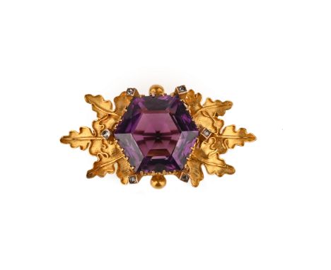 A Victorian amethyst and gold foliate brooch, the hexagonal amethyst within stylised gold fern borders and diamond accents, 5