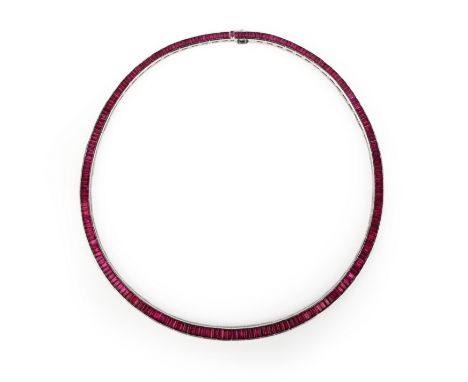 A ruby necklace, designed as an articulated collar channel-set with step-cut rubies, inner circumference 38.5cm, Platinum, nu