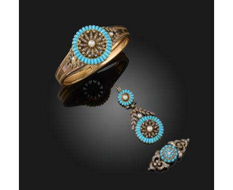 A Victorian turquoise and diamond-set gold bangle, set with a central seed pearl with diamond flowerhead surround and a borde