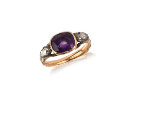 A George II amethyst and diamond gold mourning ring, set with a cushion-shaped amethyst, the shoulders set with rose-cut diam