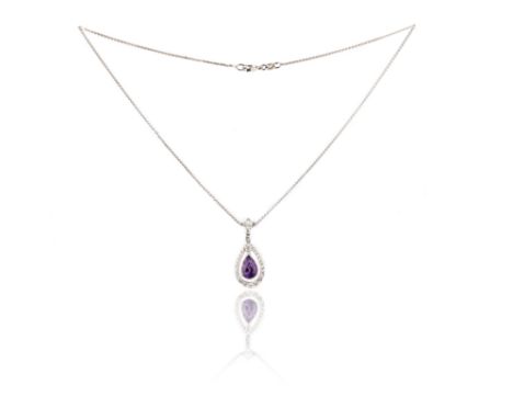 An amethyst and diamond pendant, mounted in 18ct white gold, the pear-shaped amethyst within a border and foliate bail milleg