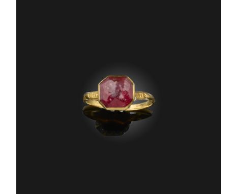 A Renaissance rock crystal and enamel ring, mid 17th century, collet-set with an octagonal rose-cut rock crystal backed in re