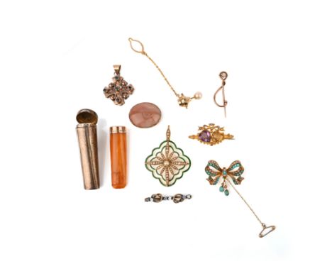 A group of jewellery, comprising: a banded agate brooch; a Victorian seed pearl, amethyst and citrine double heart brooch; an