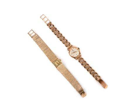Two lady's wristwatches, Omega, the first with a square dial, to a mesh bracelet, manual winding movement, dial 12 x 12mm, br