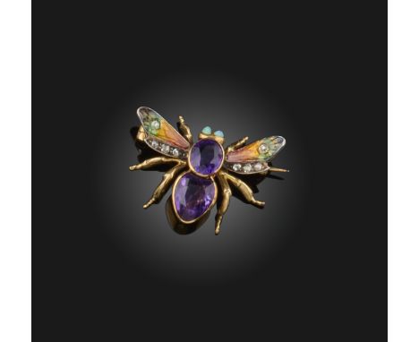 An amethyst, opal, enamel and diamond bee brooch, circa 1900, its thorax and abdomen set with an oval and pear-shaped amethys