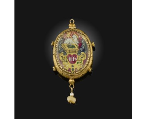 A gold, garnet, rock crystal and verre églomisée 'Agnus Dei' pomander pendant, probably Spain, circa 1600, the gold pendant o