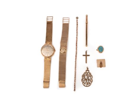 A group of gold jewellery, comprising: a turquoise and diamond ring; a 9ct gold wristwatch by Jaeger LeCoultre; a 9ct gold wr