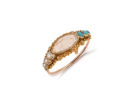 An early 19th century gold Fedé ring circa 1825, the central rock crystal plaque with carved clasped hands, with turquoise an
