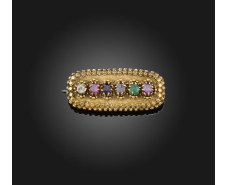 A Regency gem-set acrostic brooch, circa 1830, of plaque design, set with a sequence of circular-cut and cushion-shaped stone