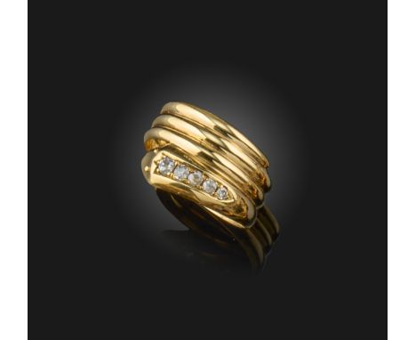 A George V gold snake ring, the serpent's head set with graduated old cushion-shaped diamonds in yellow gold, maker's mark JB