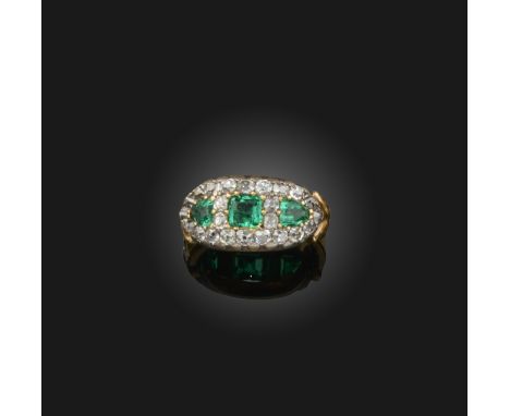 An early 19th century green paste and diamond cluster ring, the green pastes (damaged) set within a border of old cushion-sha